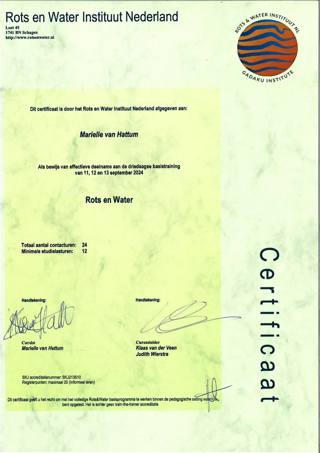 Certificaat Rots en Water basistraining, september 2024